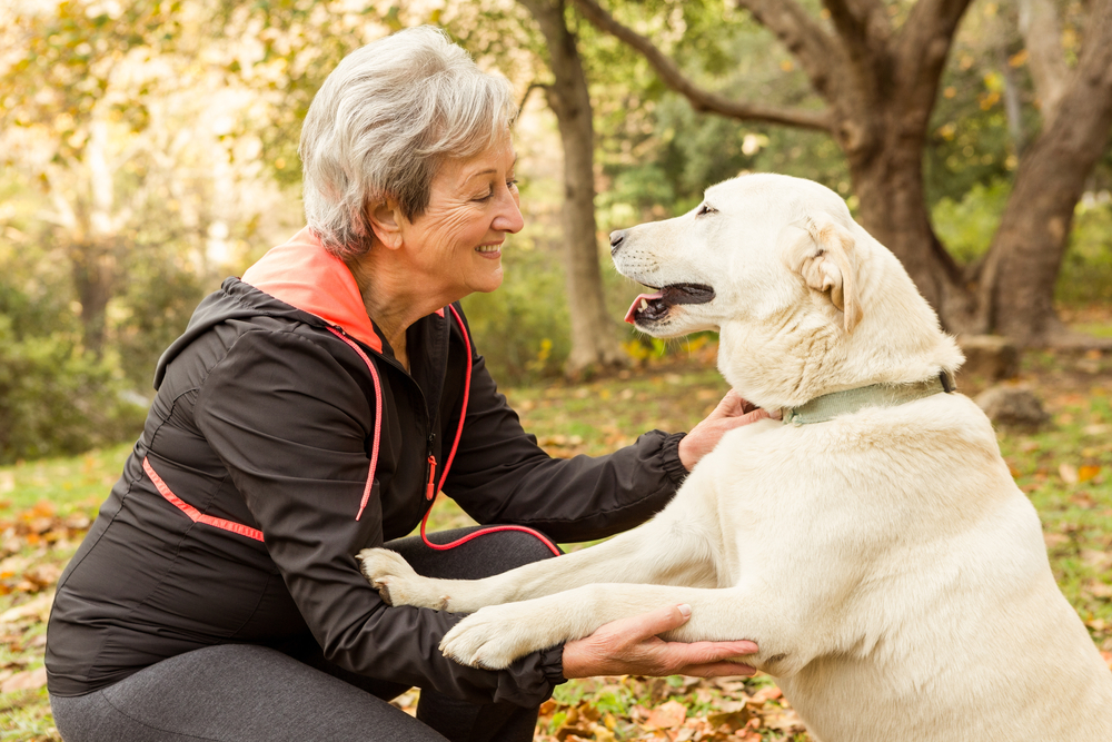 Image of A Woman With Her Dog and smiling in a Nice Place during the mid-day.